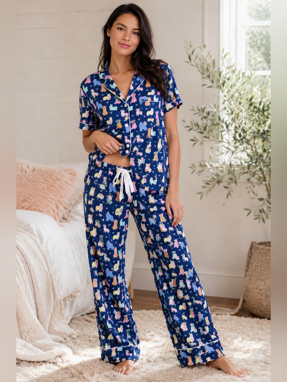 PJ Salvage Whimsy Dog Print Pajama Set Size Medium – Navy Lounge Set EUC